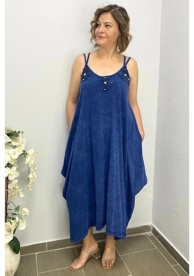 Mia Butik Büyük Beden Lacivert Pamuklu Şalvar Kesim Çiçekli Elbise Lacivert