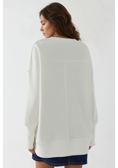 Hiccup Ön Yırtmaçlı Yuvarlak Yaka Büyük Boy Sweatshirt Beyaz