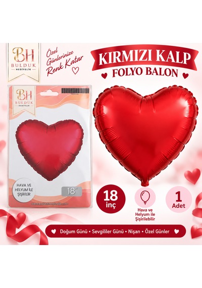 Kırmızı Kalp Folyo Balon 18 İnç Helyum Ve Hava İle Şişirilebilir