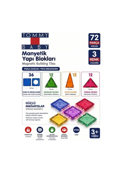 Manyetik Yapı Blokları Çocuklar İçin Renkli 3 Boyutlu 72 Parça Manyetik Oyun Seti