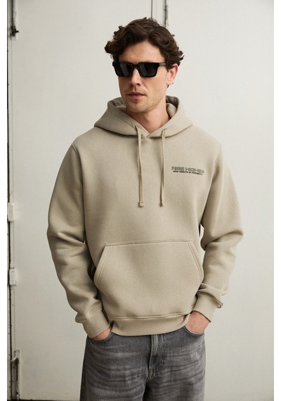 Grımelange Plaın Erkek Organik Pamuklu İçi Polarlı Kangru Cepli Bakılı Rwgular Taş Rengi Sweatshirt Taş Rengi