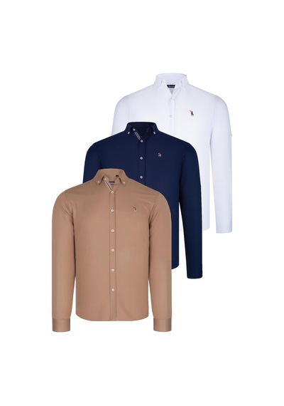 Üçlü Set G674 Dewberry Erkek Gömlek-lacivert-beyaz-camel Lacivert-beyaz-camel