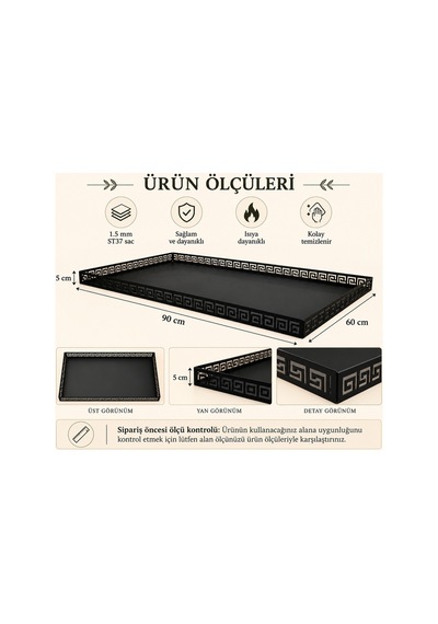 Metal Şömine & Soba Altlığı Siyah Antik Desenli Dekoratif Zemin Koruyucu 90x60 Cm - 821895768
