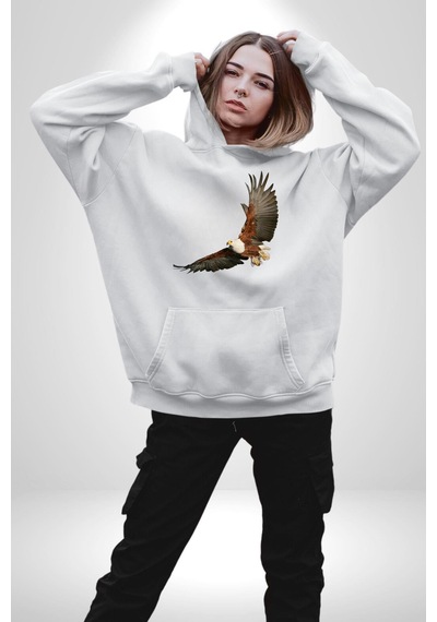 Kartal Özgürlük Kadın Erkek Beyaz Kapüşonlu Sweatshirt Hoodie Beyaz