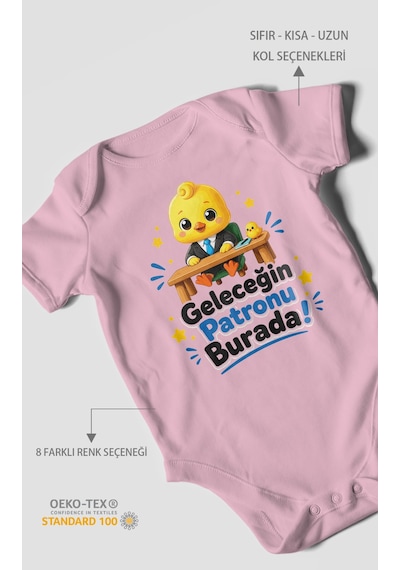 Morivokids Geleceğin Patronu Burada Kısa Kollu Bebek Body %100 Pamuk Koyu Pembe