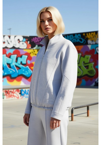 Benerly Kadın Dik Yaka Fermuarlı Düşük Kol Örme Sweatshirt Fonksiyonel Da Kar Melanj