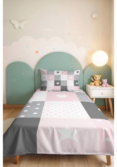 Evimde Bambaşka Kalp Ve Puanlı Pembe Kız Çocuk Pike Takımı-patchwork Gri Pastel Bebek Odası Yatak Örtüsü-160x220  CM