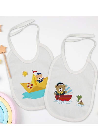 BK Kids Sevimli Kaptan Tasarımlı 2’li Beyaz Mama Önlüğü-1 Beyaz