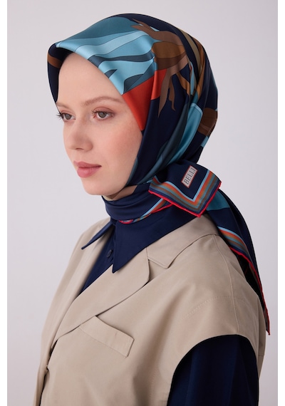 Çiçek Desen İpek Twill Eşarp - 2026 İlkbahar-yaz T 4303 Lacivert
