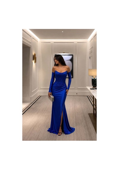 DefyModa Kadın Trend Straplez Yırtmaçlı Abiye Elbise Saks