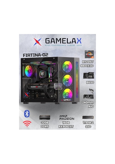 Gamelax FIRTINA-02 R7-9800X3D 32 GB 1 TB SSD RX9060XT 16 GB Free Dos Masaüstü Bilgisayar