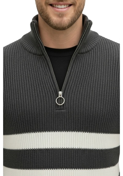 Rizzup Erkek Füme Yarım Fermuarlı Oversize Kesim Triko Kazak Pamuklu Yumuşak Örgü Çizgili Kazak 2608513 Rizzup Erkek Füme Yarım Fermuarlı Oversize Kesim Triko Kazak Pamuklu Yumuşak Örgü Çizgili Kazak 2608513