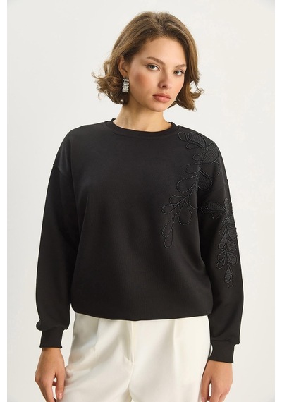Shade Kadın Bisiklet Yaka Çiçek Nakış Ve Boncuk İşlemeli Sweatshirt 1562 60283633 - Siyah