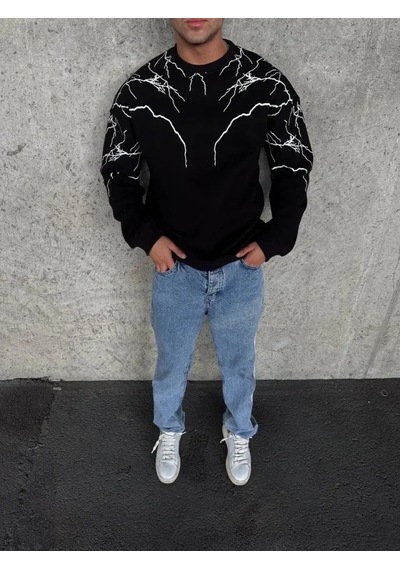 Vexor Yıldırım Baskılı Bisiklet Yaka Sweatshirt - Siyah
