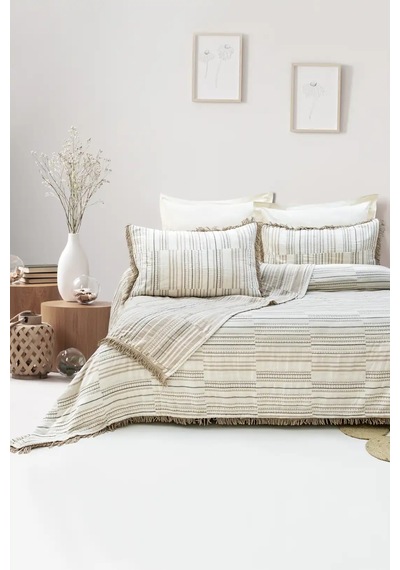 Şaheser Home Collection Yatak Örtüsü Çift Kişilik Müslin Lia Bej Çok Renkli