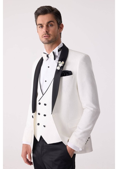 Ysf Erkek Beyaz Damatlık Slim Fit Kırlangıç Yaka Desenli