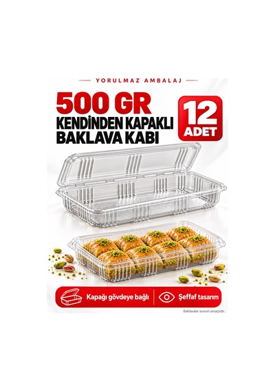 500 Gr Kapaklı Şeffaf Plastik Baklava Kabı 12 Li Dikdörtgen Tatlı Sunum Kabı