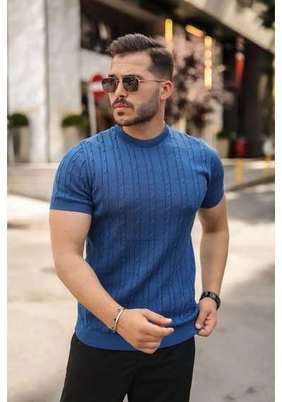 Valensdesign Erkek Örgü Desen Bisiklet Yaka Triko Tişört - %100 Pamuk Akrilik Saks