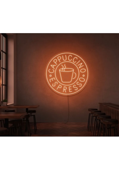 Cappuccıno Espresso Yazılı Ve Şekilli Neon Tabela Turuncu