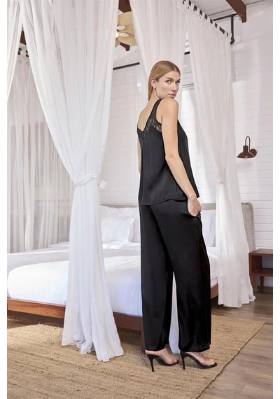Ang Butik Kadın Viskon Dantelli Ve Dekolteli Saten Pijama Takımı Siyah