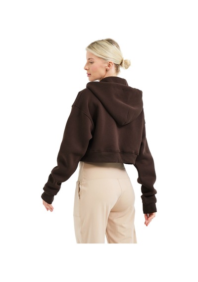 Justever Crop Kapüşonlu Fermuarlı Kanguru Cepli Şardonlu Hoodie Acı Kahve Kadın Sweatshirt - Lumen Acı Kahve Acı Kahverengi