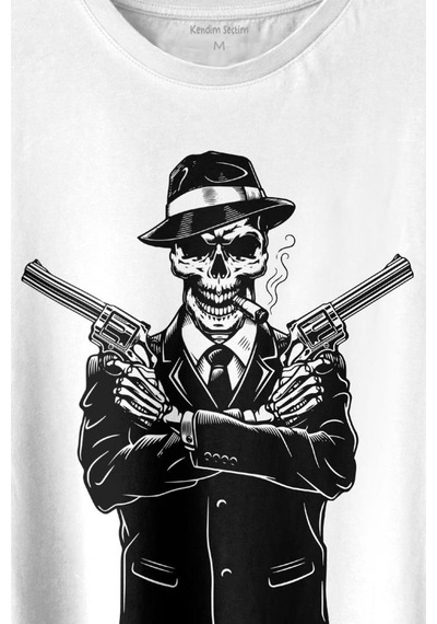 Skeleton Gangster Revolvers Suit Tabanca Baskılı Tişört Unisex T-shirt 001