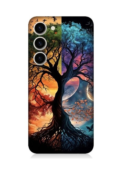 Samsung Galaxy S23 Plus Uyumlu Dört Mevsim Gece Gündüz Ağaç Desenli Silikon Kılıf