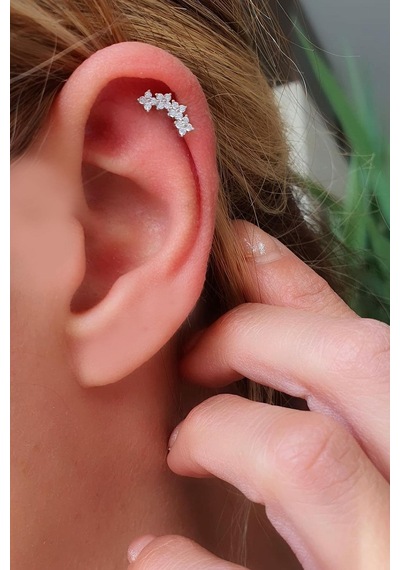 Zirkon Taşlı 925ayar Gümüş Çiçek Yay Tragus Kıkırdak Helix Piercing Gümüş