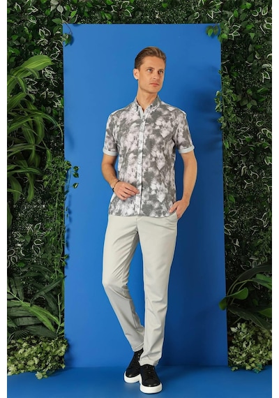 Efor Slim Fit Düğmeli Yaka Batik Desenli Kısa Kol Pamuk Gri Gömlek G 1502 Gri
