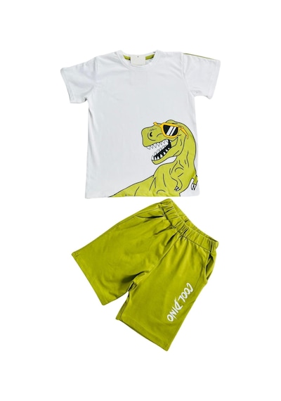 Dinozor Baskı Erkek Çocuk Takım-90694 Beyaz