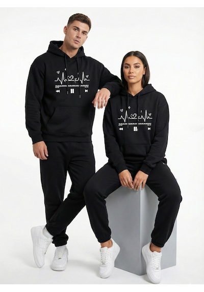 Nevermind Unisex Oversize Kalp Ritmi Baskılı Çift Hoodie Siyah