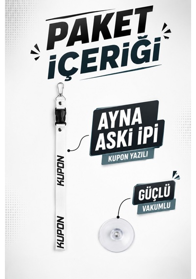 Kupon Yazılı Ayna Askı İpi Vantuzlu Araç Dikiz Aynası Dekor Askısı Beyaz Kupon Yazılı Beyaz