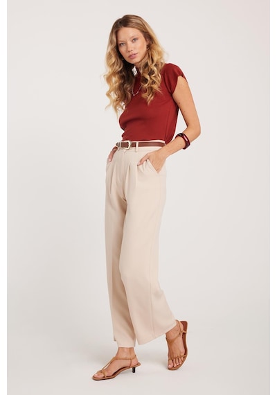 Tudors Kadın Regular Fit Klasik Kesim Yüksel Bel Geniş Paça Bej Pantolon-39545 Bej