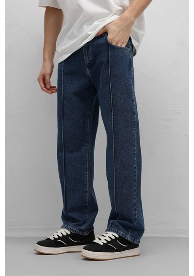 Vamos Dikiş Detaylı Relaxed Fit Jean Mavi