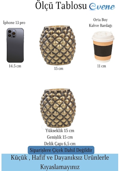 Saksı Çiçek Kaktüs Saksısı Lüx 15 cm Altın Eskitme Varak Boyalı Ananas Desen Saksı Çiçeklik