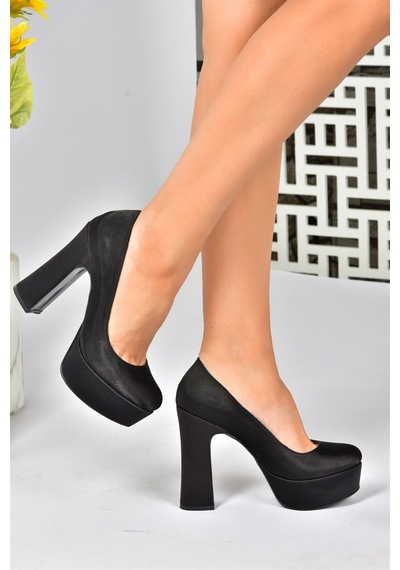 Fox Shoes Siyah Saten Kumaş Kalın Topuklu Kadın Abiye Ayakkabı M348007904 Siyah-Kumaş
