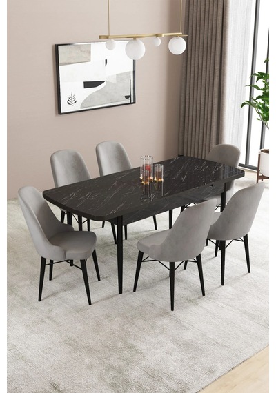 Sar Pakete Almira Serisi, Siyah Mermer Desen 80x132 Açılabilir Mdf Mutfak Masası Takımı 6 Adet Sandalye Gri Sar Pakete Almira Serisi, Siyah Mermer Desen 80x132 Açılabilir Mdf Mutfak Masası Takımı 6 Adet Sandalye Gri