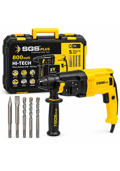 Sgs Plus Hı-tech 800w Sds Plus 3 Fonksiyonlu Kırıcı Delici Hilti 5 Parça Uç Setli, Taşıma Çantalı