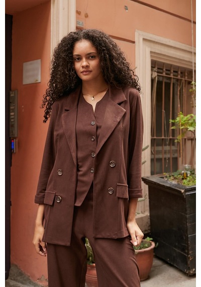 Kadın Süet Dokulu Kumaş Yakalı Capri Kol Cep Kapaklı Blazer Ceket-kahve Kahve