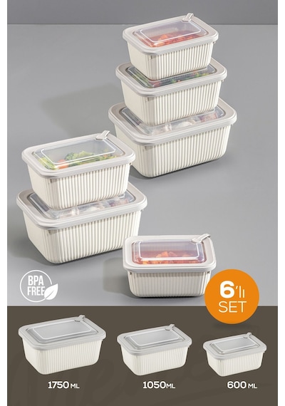 Vienev 6'lı Vip Dikdörtgen Mikrodalga Ve Difrize Uygun Saklama Kabı Seti Bej 2x 1750,1050,600 Ml Bej
