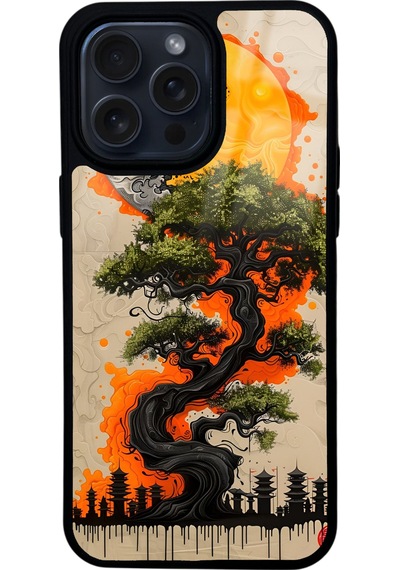 Apple Uyumlu iPhone 15 Pro Max Pagoda Silhouette Tasarımlı Glossy Telefon Kılıfı Çok Renkli