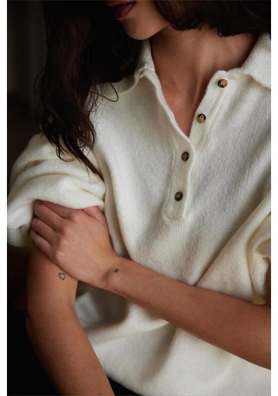 Suud Collection Ekru Rani Polo Yaka Oversize Kazak