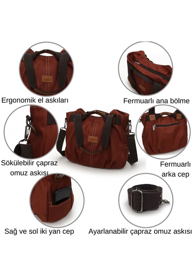 Cappadocia Vintage 3212 Demeter Kadın Kırmızı Omuz El Günlük Tote Cepli %100 Pamuk Kanvas Çapraz Çanta