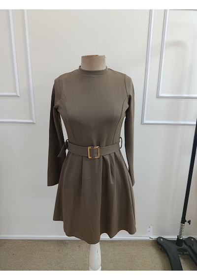 Bhrwear Kadın Uzun Kollu Yarı Balıkçı Yakalı Belinde Toka Detaylı Kısa Modal Elbise Renkli