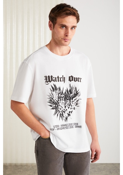 Grimelange Clıent Erkek %100 Organik Pamuklu Regular Fit Baskı Detaylı Bisiklet Yaka Örme Beyaz T-shirt