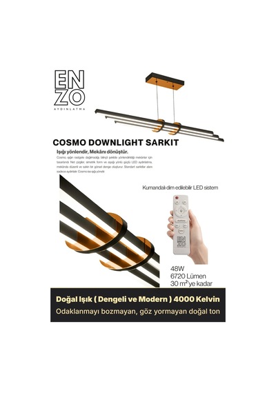 Cosmo Bronz Beyaz Işık Lineer Led Sarkıt Avize Kumandalı Dim Edilebilen Aşağı Işık Doğal Işık
