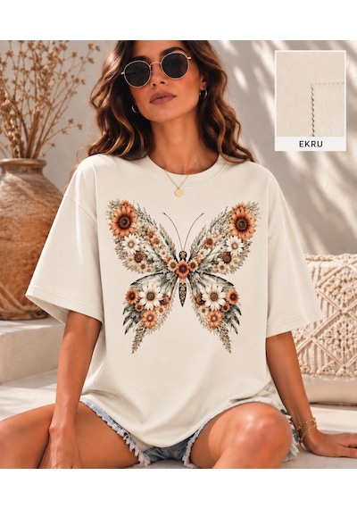 Velaura Studio Çiçekli Kelebek Kadın T-shirt Ekru