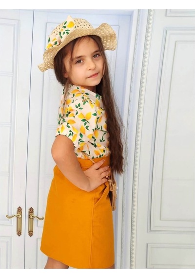Quzucuk Kids Kız Çocuk Limon Figürlü Etekli Sarı Takım Sarı