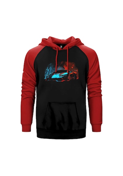 Lamborghni Blue Red Neon Kırmızı Renk Reglan Kol Kapşonlu Sweatshirt Kırmızı