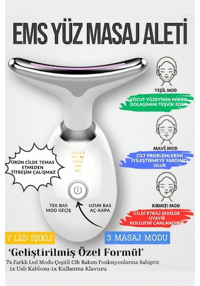 Yüz Ve Boyun 3 Mod Işıklı Mikro Akım Isıtmalı Titreşimli Gıdık Sarkma Ems Güzellik Cihazı